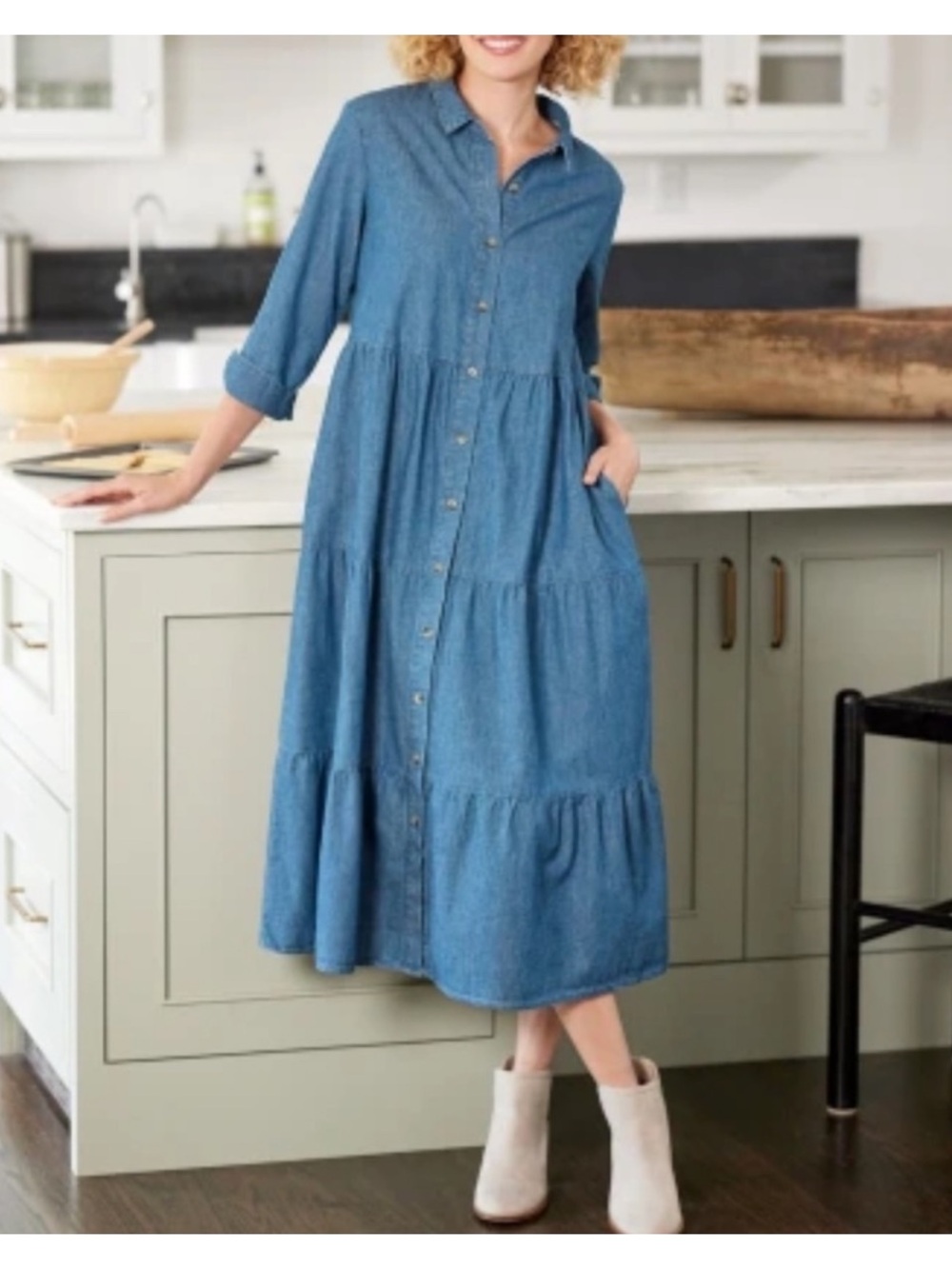 The Vermont Country Store Tiered Button Front Denim 3/4 Sleeve Midi Dress